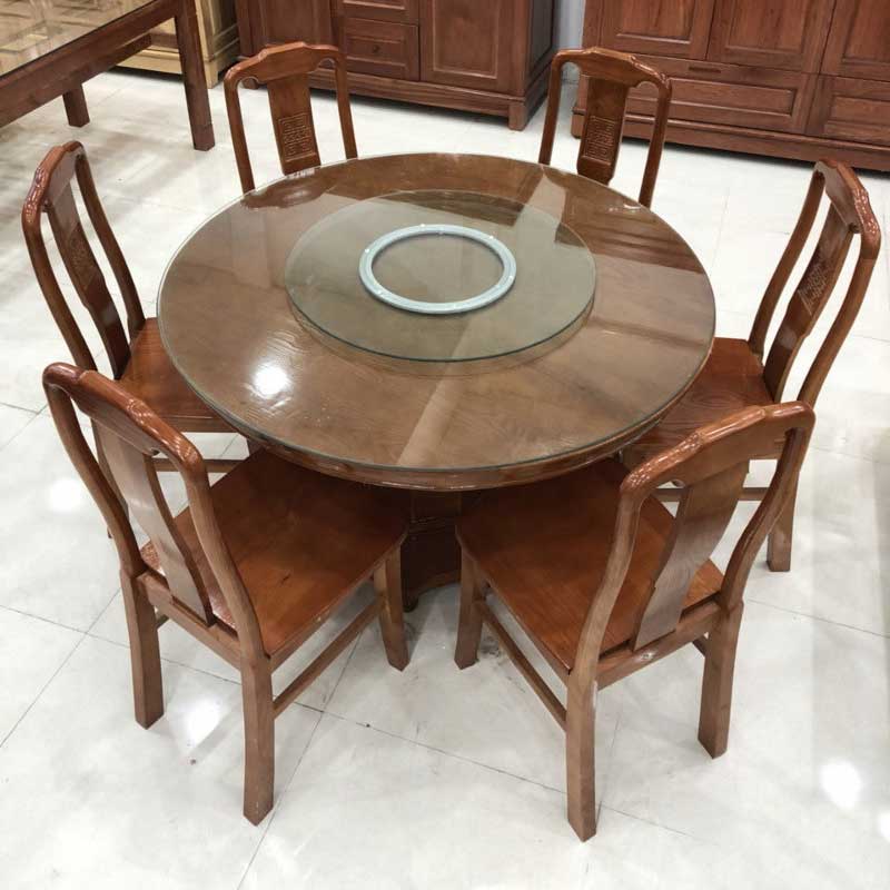 Bộ bàn ăn tròn xoay mặt kính 1m2, 6 ghế gỗ xoan đào BA224