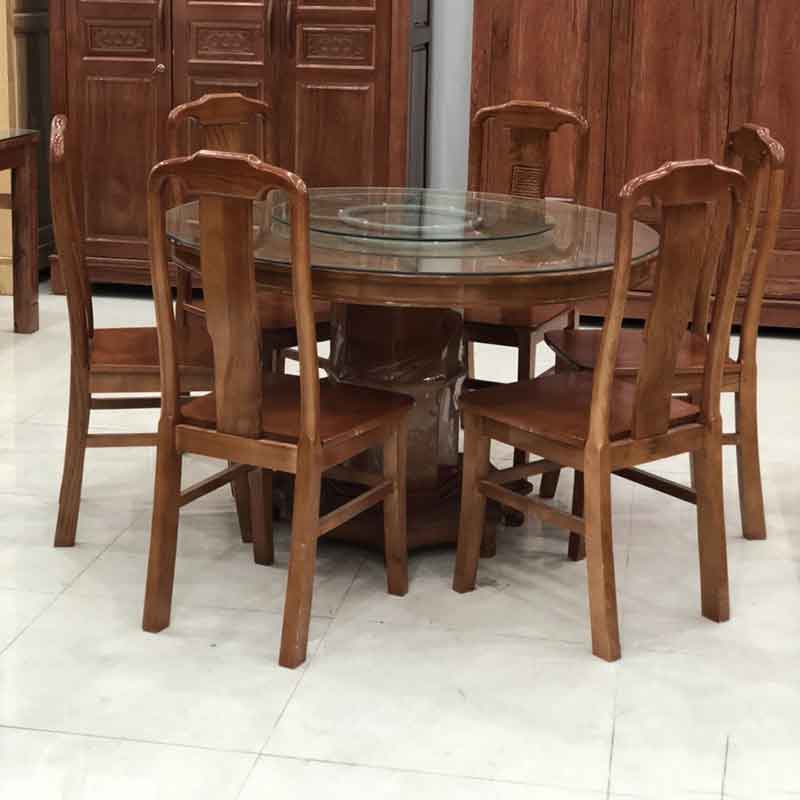 Bộ bàn ăn tròn xoay mặt kính 1m2, 6 ghế gỗ xoan đào BA224