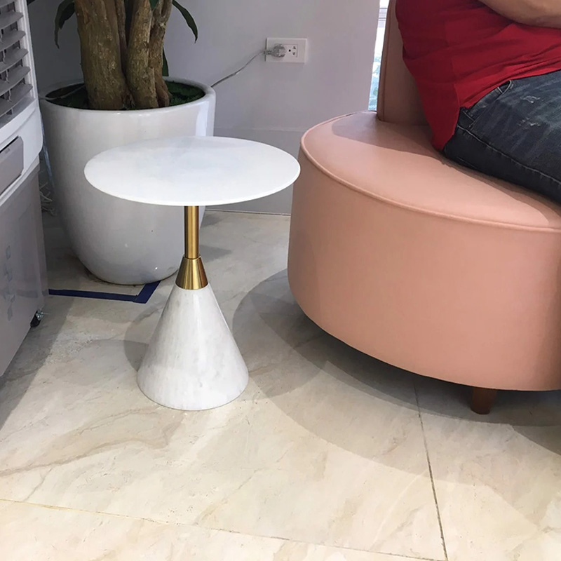 Bàn tab trụ đá trắng muối tự nhiên, mặt đá hình tròn D45cm BC257