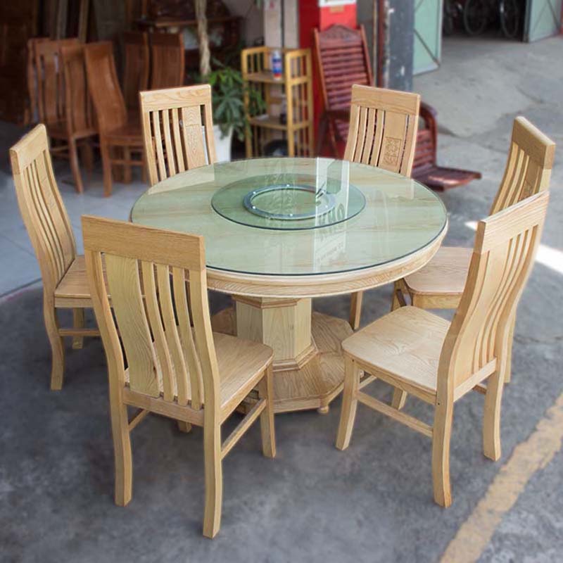  Bộ bàn ăn tròn có mâm xoay gỗ Sồi tự nhiên 6 ghế BA841