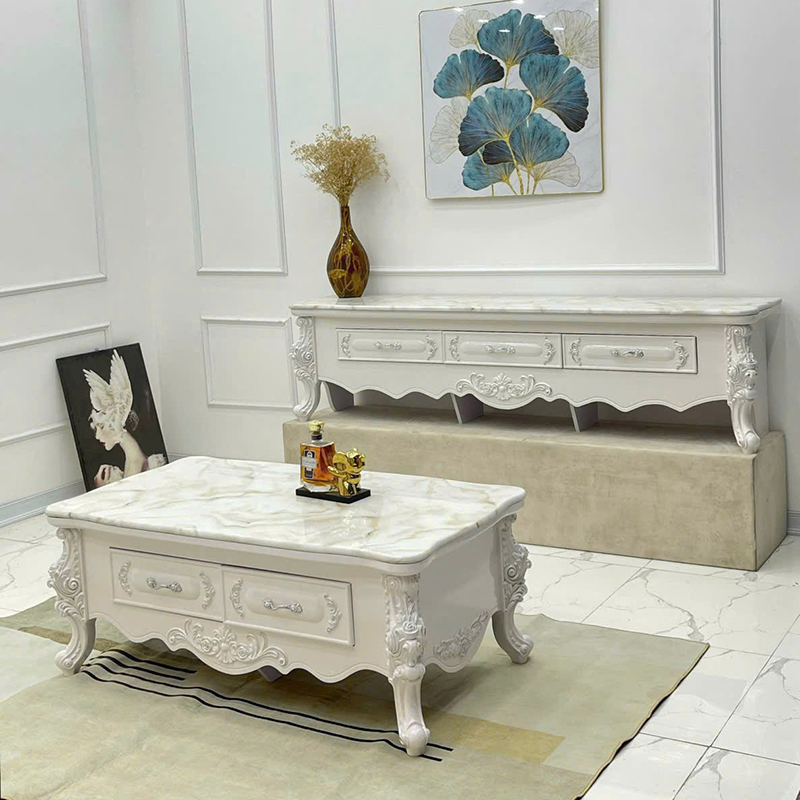 Combo bàn trà sofa kệ tivi tân cổ điển màu trắng sang trọng tinh tế CT249