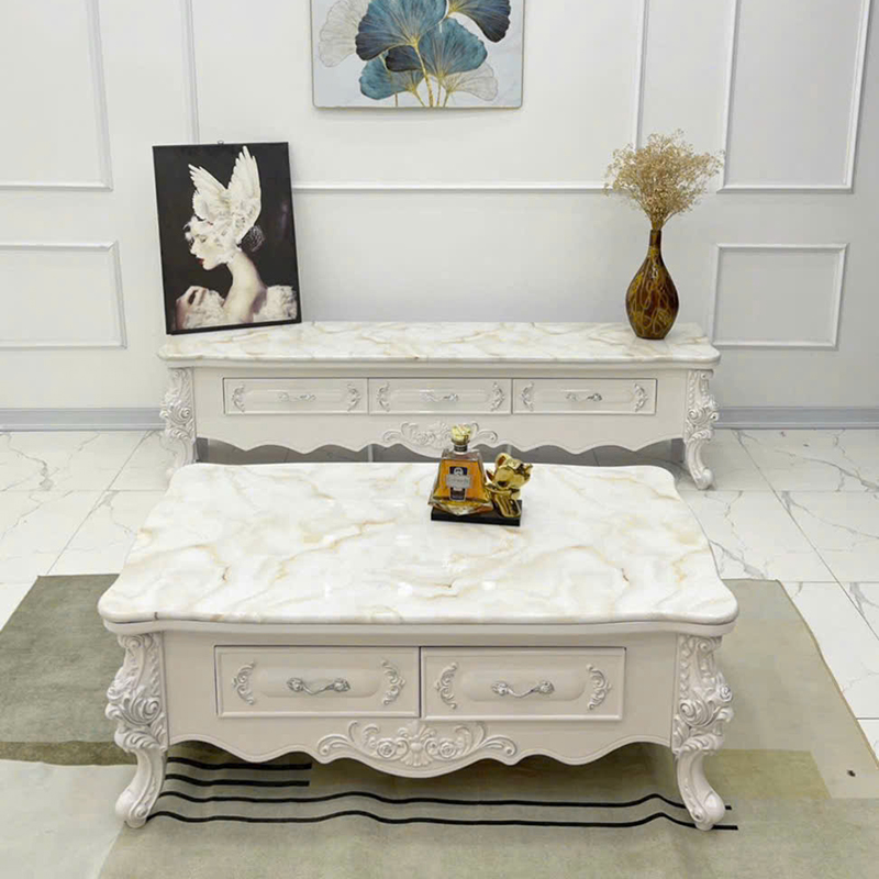 Combo bàn trà sofa kệ tivi tân cổ điển màu trắng sang trọng tinh tế CT249