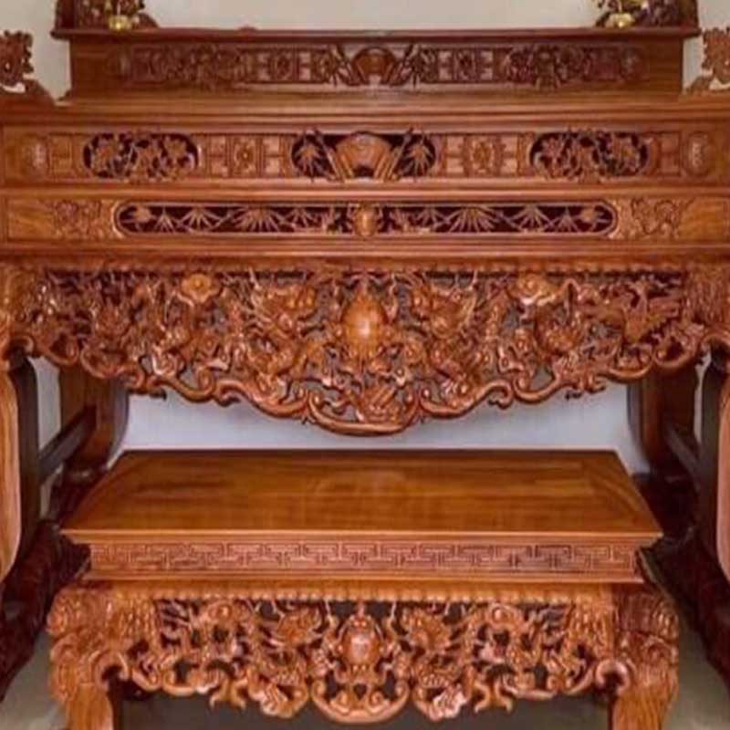 Sập thờ gỗ Dổi trạm rồng cầu kỳ chuẩn phong thuỷ ST869