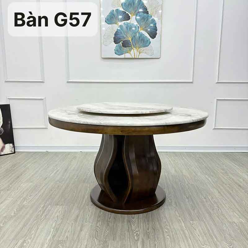 Bàn ăn tròn chân gỗ mặt đá Cẩm Thạch xoay 2 tầng BA212